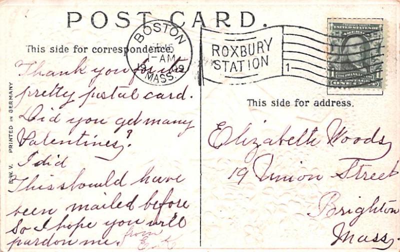 Valentines Day 1909 postal marking on front