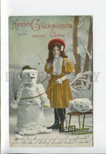 3176677 NEW YEAR Girl & SNOWMAN in Hat SLED Vintage PC