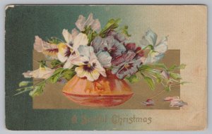 Christmas~Joy~White Flowers In Vase~Shaded Grn Bkgd~PM 1914~Winsch Vintage PC 