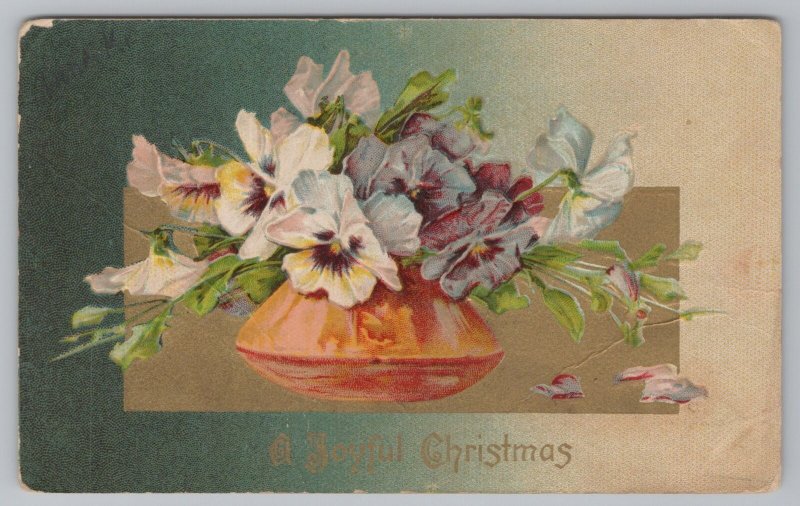 Christmas~Joy~White Flowers In Vase~Shaded Grn Bkgd~PM 1914~Winsch Vintage PC 