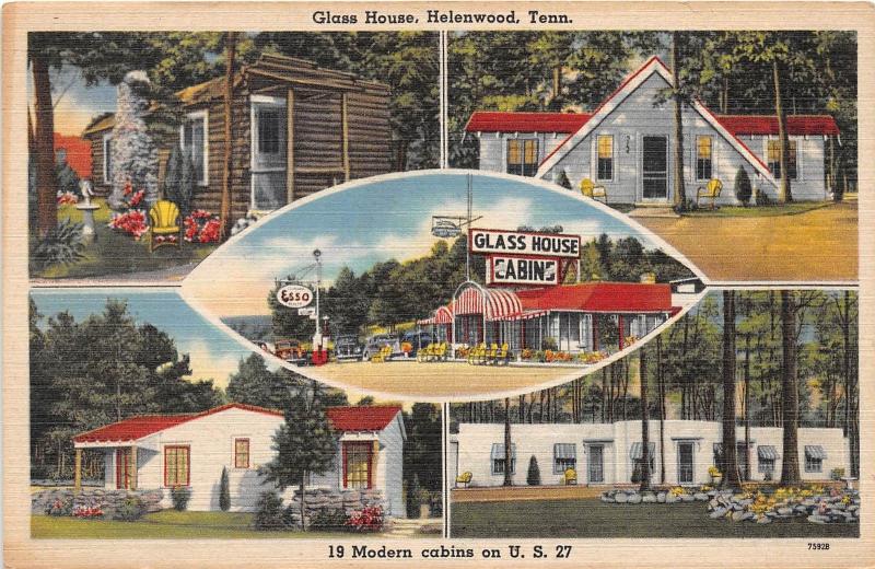 A37/ Helenwood Tennessee Tn Postcard 5View Glass House Cabin Esso Gas Station