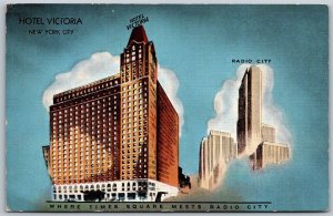 Vtg New York City NY Hotel Victoria Radio City Meets Times Square Linen Postcard