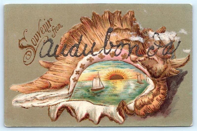 Postcard IA Audubon Souvenir Seashell Glitter Greetings c1910 View L10