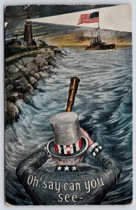 Patriotic~Uncle Sam Spies American Flag Battleship w Telescope~Light House~c1908