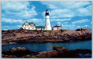 Vtg Maine ME Portland Head Light Lighthouse Casco Bay Chrome View Postcard