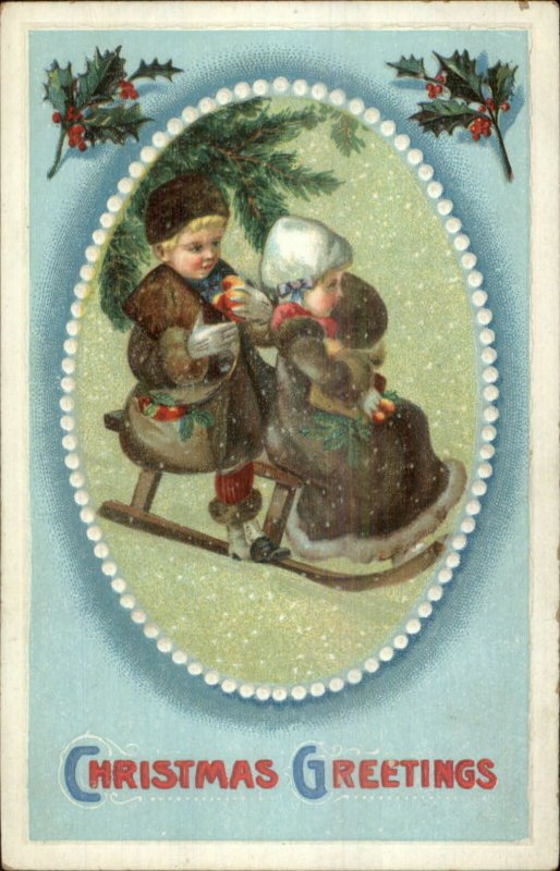 Christmas - Kids Sledding Unsigned Clapsaddle? C1910 Postcard