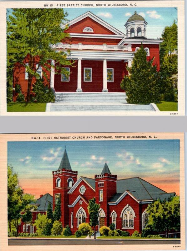 2 Postcards NORTH WILKESBORO, NC   First Methodist Church, First Baptist Church