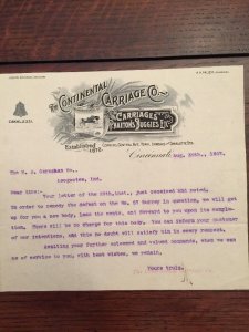 1907 THE CONTINENTAL CARRIAGE CO. Cincinnati, Ohio Buggies Letterhead