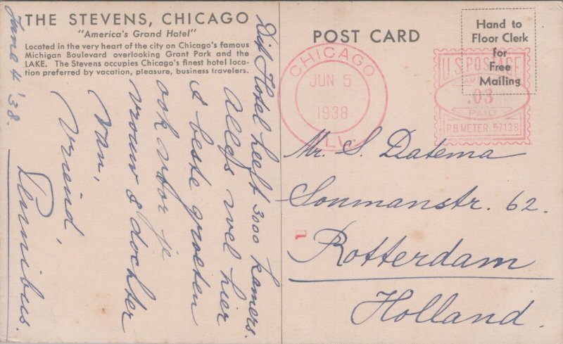 USA The Stevens Chicago World's Largest Hotel Illinois Vintage Postcard 09.45