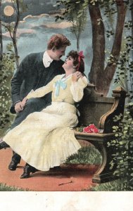 Vintage Postcard Lovers Couple Cuddling on Bench Moonlight Dating Romance