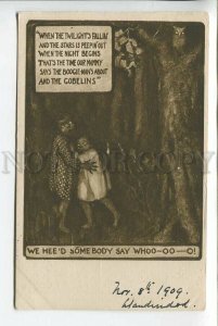 439158 OWL Kids in NIGHT Forest BOOGIE-MAN Gobelin Bogeyman Vintage postcard