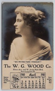 RPPC 1910 WG Woods Hardware Calendar Adv Chicago Beautiful Woman Postcard G21