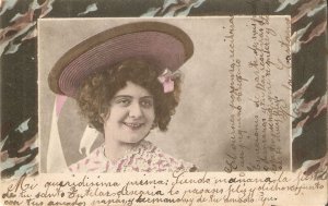 Smiling lady, with fancy hat Old vintage German photo postcard