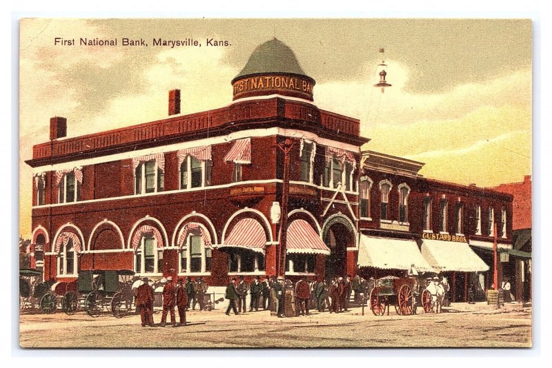 Postcard First National Bank Marysville Kans. Kansas Horse & Buggy People
