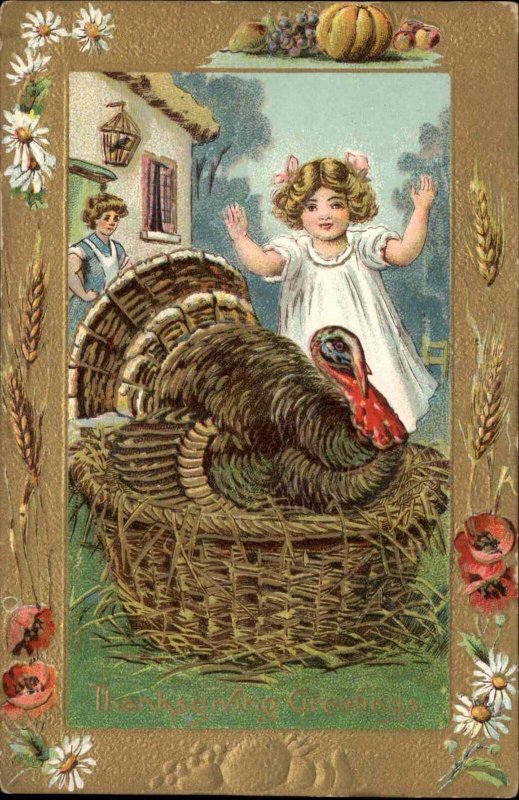 Thanksgiving Little Girl Sees Turkey in Basket c1910 Vintage Postcard