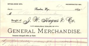 1904 RAWLINS WYOMING J.W. HUGUS & CO GENERAL MERCHANDISE INVOICE Z858