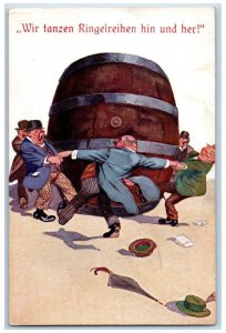 c1910's Dancing Around Beer Keg Barell Drunk Mens Cup Umbrella Antique Postcard 