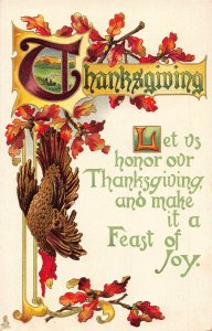 Thanksgiving Greetings Hanged Turkey Poultry Acorn Leaf embossed postcard B988