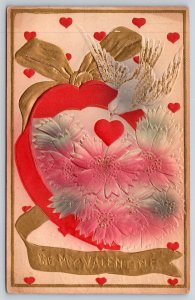 Valentine~Dove Puts Heart w/Pink Blue Flowers~Gold Bow~c1910 Vintage Postcard