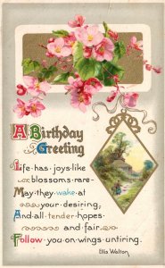 Birthday Greeting Card Life Has Joys Like Blossoms Pink Flowers Vintage Postcard
