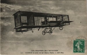 PC CPA AVIATION GOBRON EN PLEIN VOL SUR BIPLAN VOISIN Vintage Postcard (b24536)