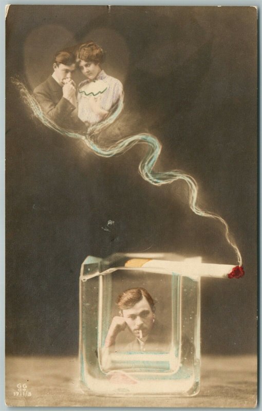 CIGARETTE SMOKE DREAM PHOTOMONTAGE 1913 ANTIQUE real photo POSTCARD RPPC