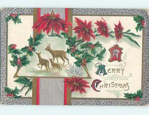 Pre-Linen christmas BEAUTIFUL DEER WANDER THRU SNOW & POINSETTIA FLOWERS hk9567