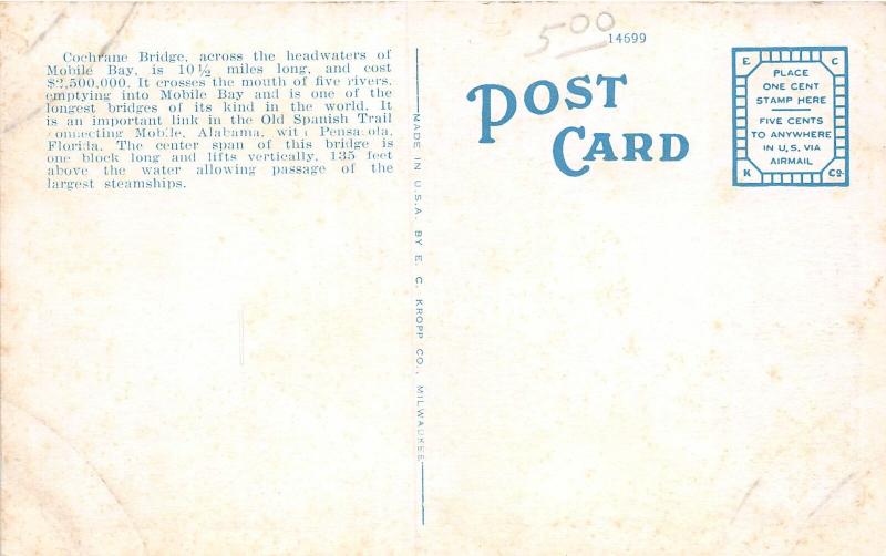F15/ Mobile Alabama Postcard c1915 Cochrane Bridge Autos 8