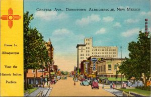 Linen Postcard Central Avenue, Downtown in Albuquerque, New Mexico