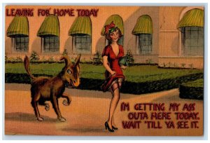c1930's Pretty Woman And Mule Leaving Home Today Unposted Vintage Postcard