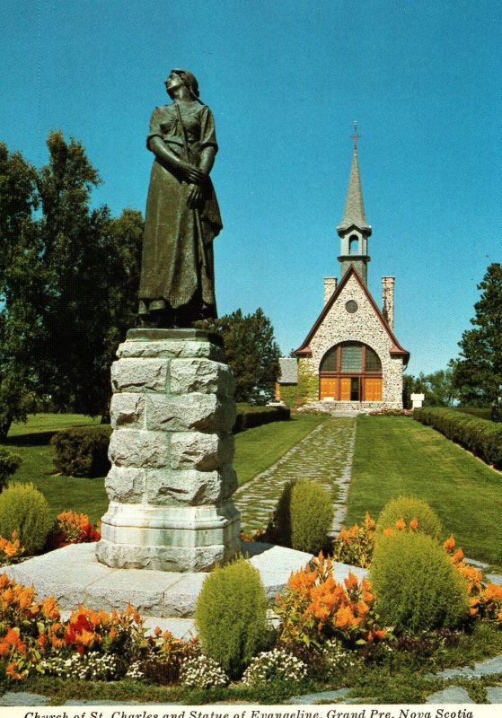CONTINENTAL SIZE POSTCARD CHURCH OF ST CHARLES AND STATUE OF EVANGLINE GRAND PRE