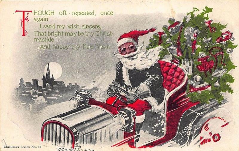 Christmas Santa Claus Green Suited Driving Auto Embossed Postcard