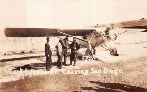 RPPC CAPTAIN LINDBERGH LEAVING SAN DIEGO CALIFORNIA REAL PHOTO POSTCARD (1920s)