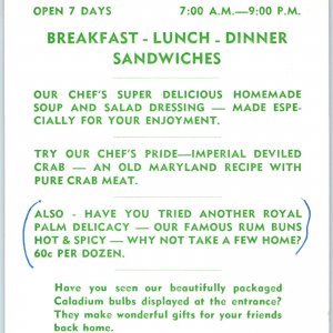 c1950s Ormond Beach, Florida Royal Palm Restaurant Menu Dessert Breakfast FL 7B