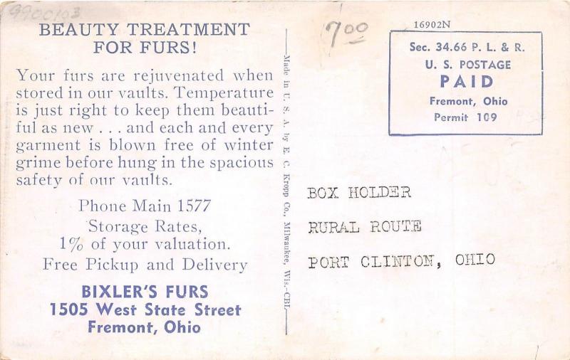 E14/ Fremont Ohio Postcard c1940s Bixler's Fur Store Coats Furriers