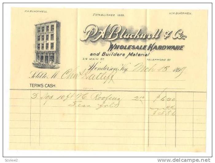 Letterhead, P.A. Blackwell & Company, Wholesale Hardware, Henderson, Kentucky...