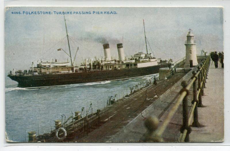 Turbine Steamer Pier Head Lighthouse Folkestone Kent UK 1910c postcard