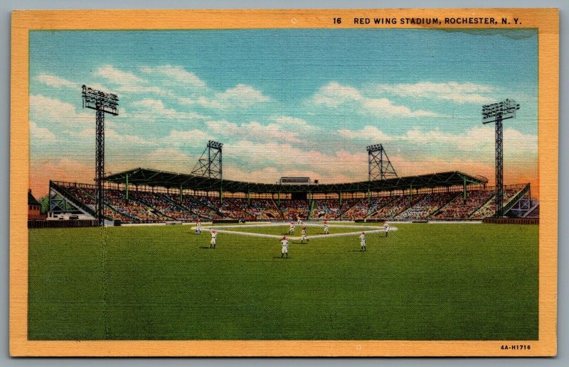 Postcard Rochester NY c1934 Silver Red Wing Stadium Minor League Baseball Linen