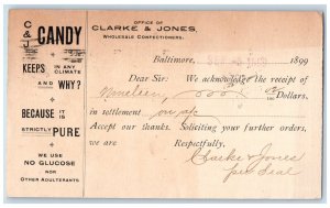 1899 C & J Candy Clarke & Jones Wholesale Confectioners Baltimore MD Postal Card