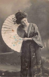 RPPC BEAUTIFUL WOMAN DRESS HAND FAN STUDIO REAL PHOTO POSTCARD (c. 1910)