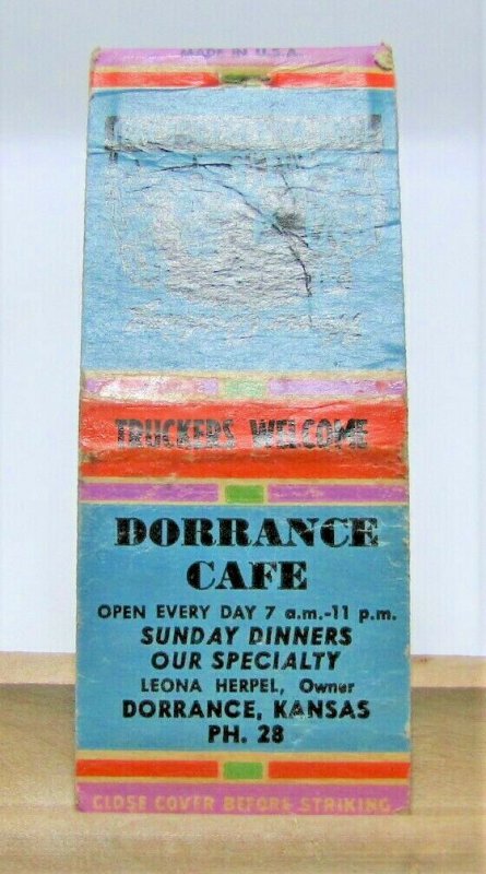 Dorrance Cafe PH. 28 Dorrance Kansas Vintage Matchbook Cover 