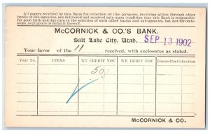 1902 McCornick & Co.'s Bank Salt Lake City Utah UT Antique PMC Postcard