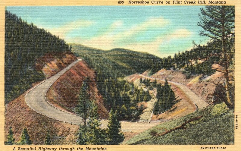 Vintage Postcard Horseshoe Curve Flint Creek Hill Mountain Highway Montana MT