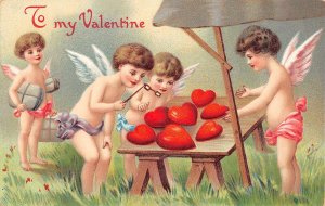 Valentine's Day To My Valentine, Cupids W/ Hearts, Embossed, Vintage PC U8926