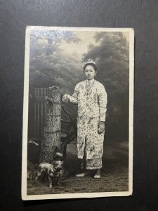 Mint British Singaproe Postcard RPPC Woman in Dress with Dog