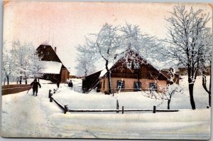 Postcard Man walking through snow in winter scene Poly Chrome Art Series 120-38