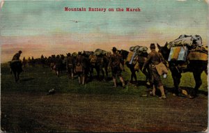 Vtg Mountain Battery On The March Soldiers Pack Animal WWI Era Military Postcard