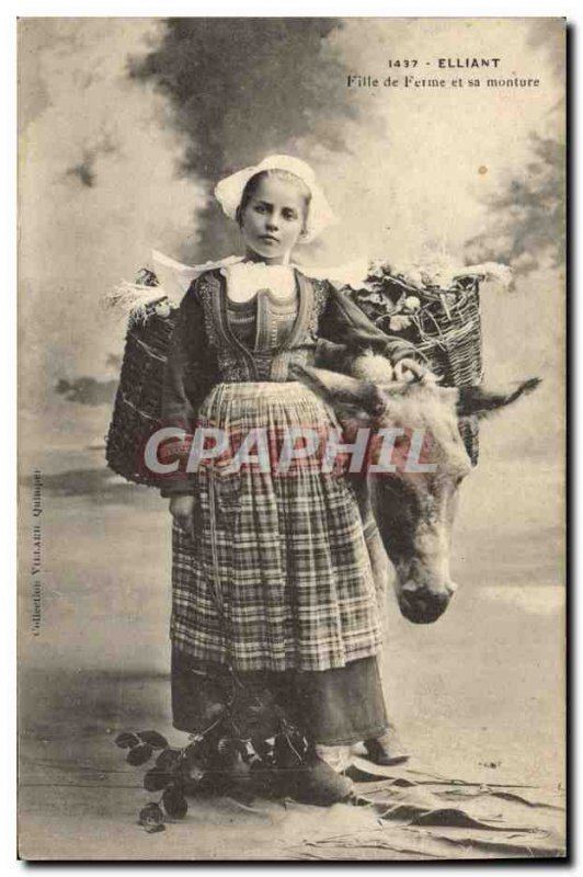 Old Postcard Folklore Elliant Farm Girl and horse Donkey Mule