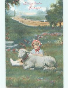 Pre-Linen easter CUTE GIRL BESIDE PET BABY LAMB WEARING COLLAR J2384