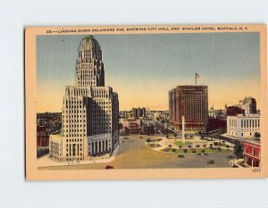 Postcard Looking Down Delaware Ave. Showing City Hall And Statler Hotel, N. Y.